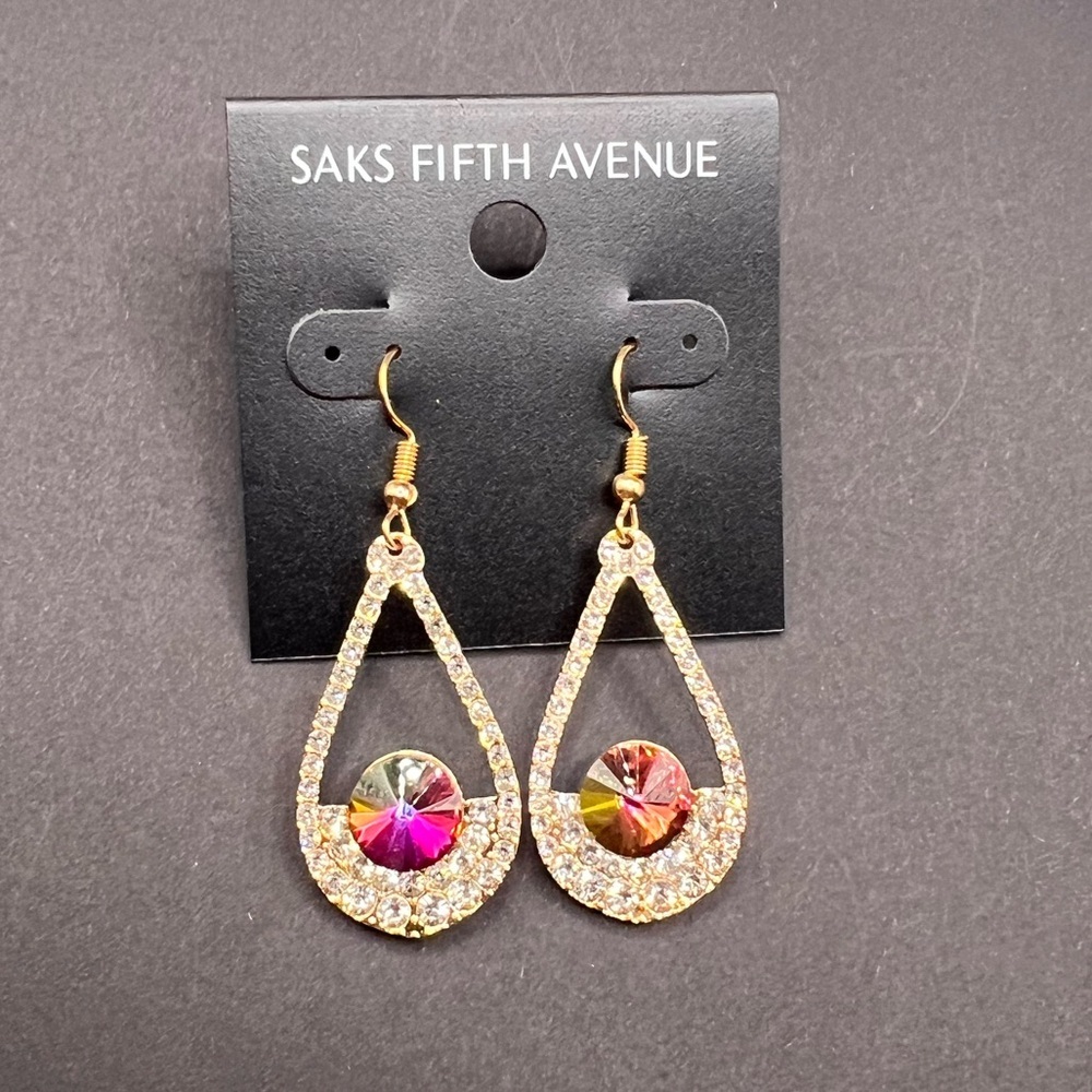 Saks Fifth Avenue Gold Teardrop Earrings with Multicolor Crystals